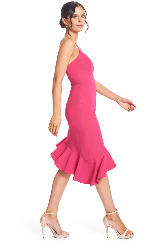 Vestido Rufflin' Round - Fuchsia Ruffle Hem Midi Asimétrico Cóctel