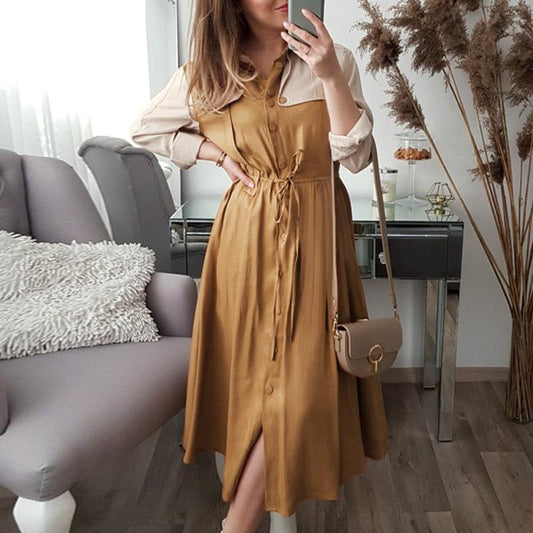 Elegante vestido caqui de manga larga a media cintura para otoño invierno mujer