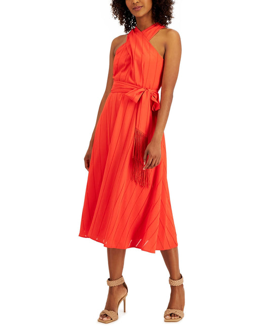 Vestido midi de georgette Tahari Asl con flecos y cuello halter para mujer