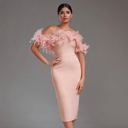 Off-neck Feather Women's Dress