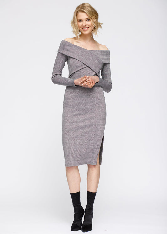 Vestido glen a cuadros con hombros descubiertos y diseño cruzado en gris y negro para mujer