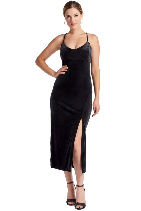Vestido Elle - Vestido lencero de terciopelo con espalda scooped y abertura alta en el muslo