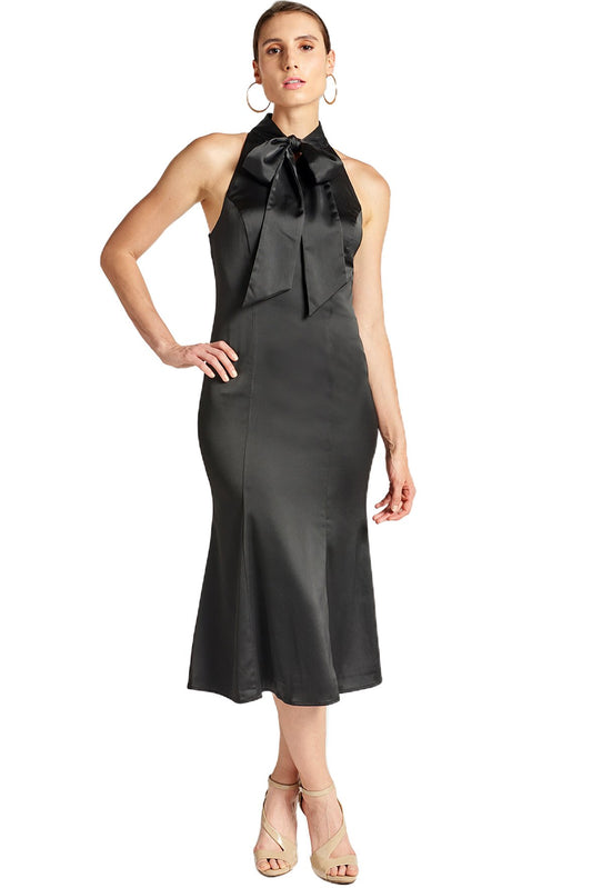 Vestido Eloise - Vestido sirena midi de satén elástico con lazada en el cuello