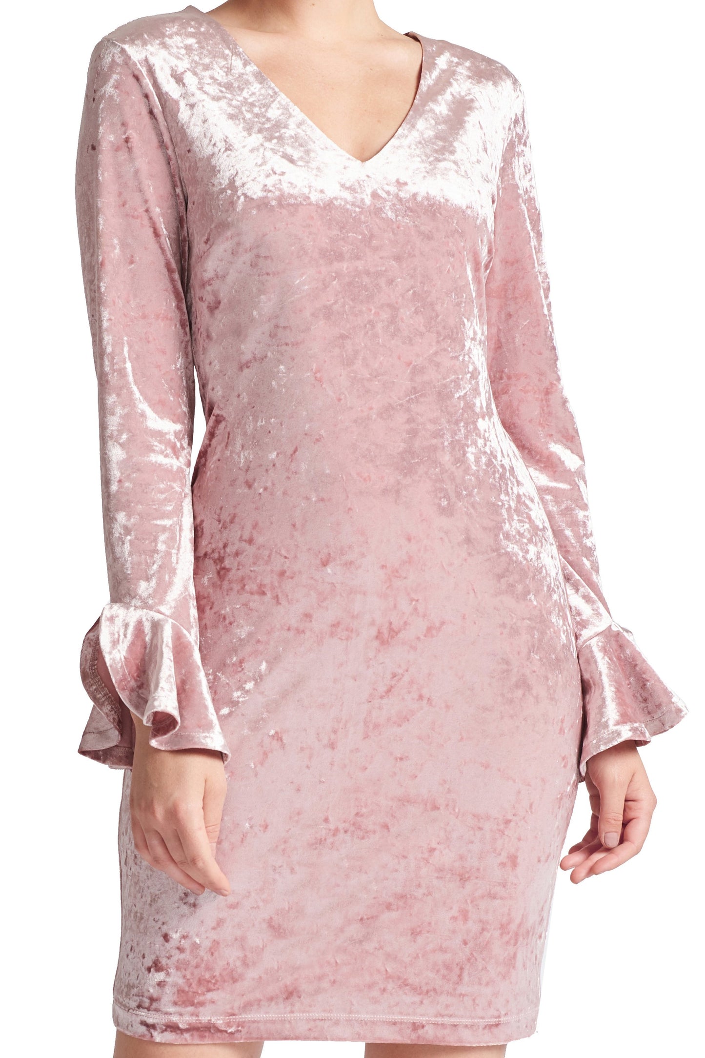 Vestido Kara - Vestido de terciopelo aplastado de manga larga con cuello en V adornado con campana