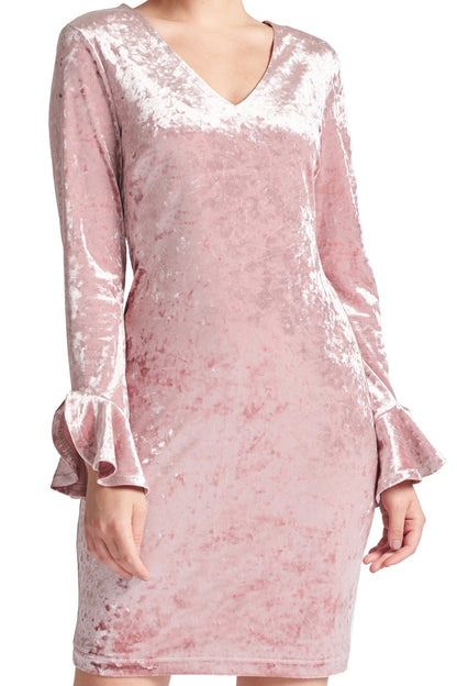 Vestido Kara - Vestido de terciopelo aplastado de manga larga con cuello en V adornado con campana