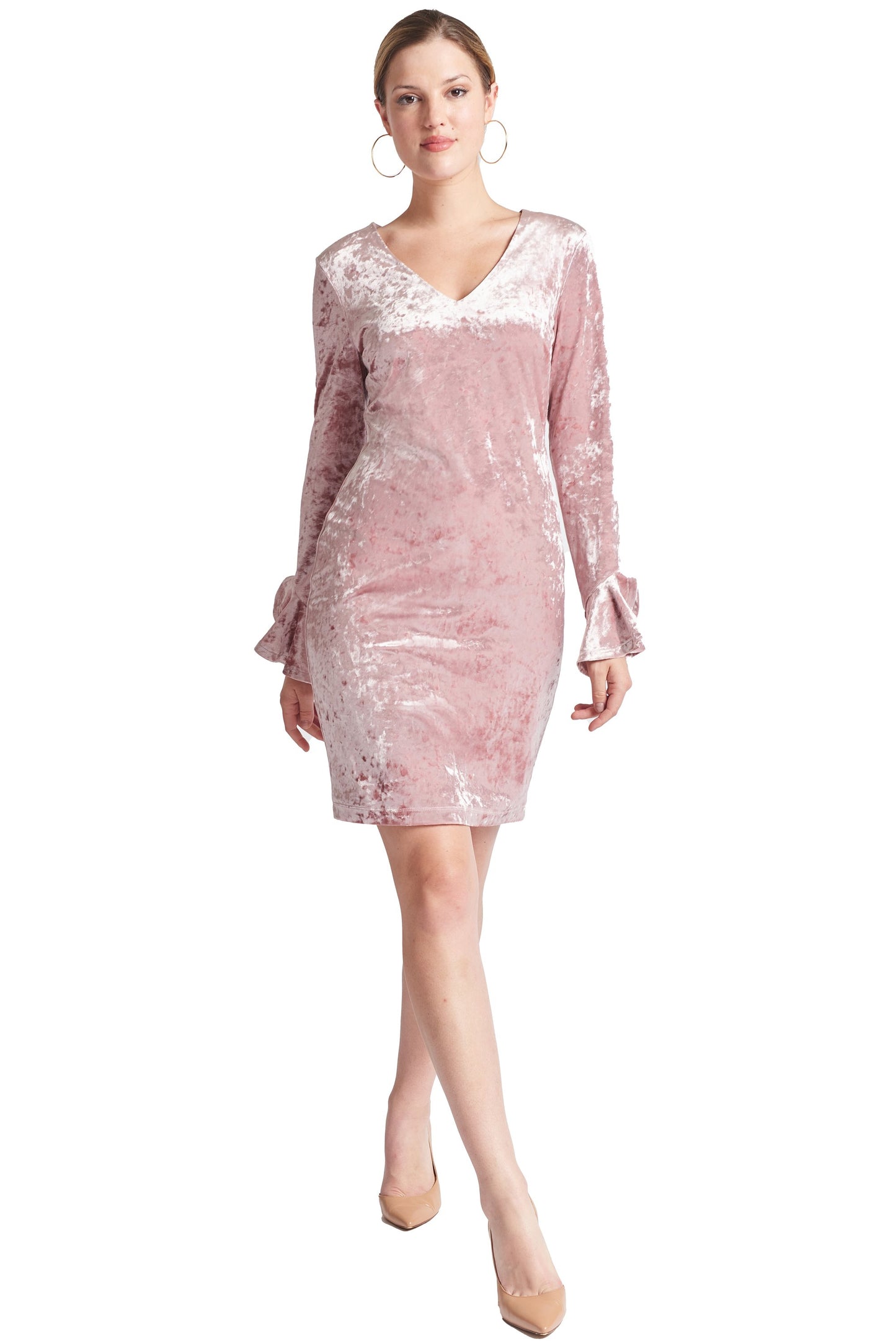 Vestido Kara - Vestido de terciopelo aplastado de manga larga con cuello en V adornado con campana