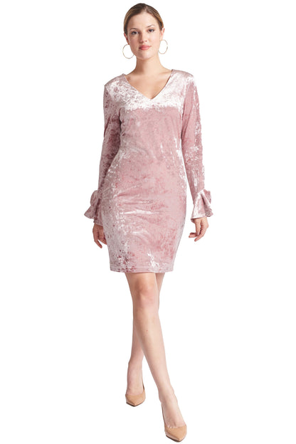 Vestido Kara - Vestido de terciopelo aplastado de manga larga con cuello en V adornado con campana