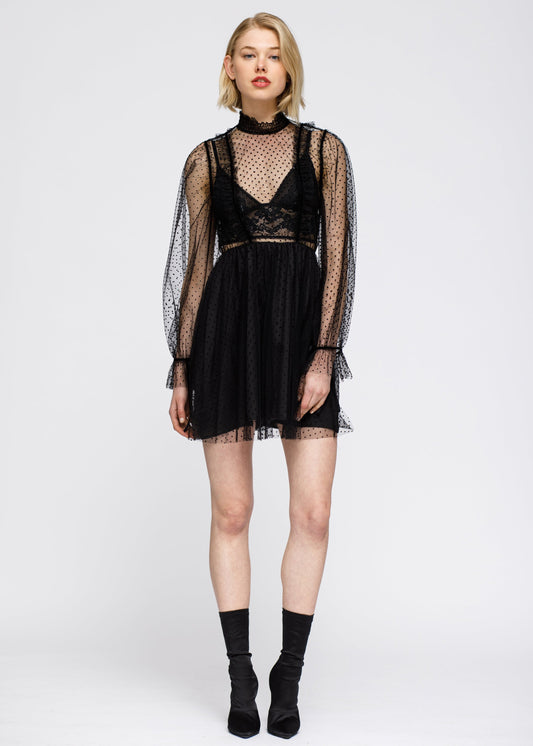 Vestido acampanado negro de cuello fruncido con lunares de malla para mujer
