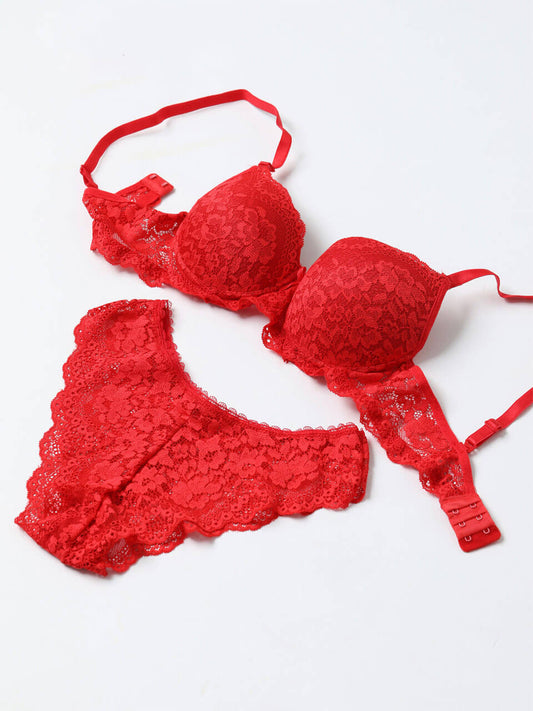Conjunto de sujetador de media copa de encaje rojo