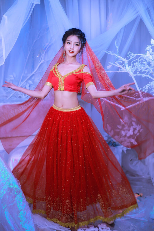Disfraz de Princesa Elsa, Traje de Danza del Vientre para Fiesta de Cosplay, Rojo
