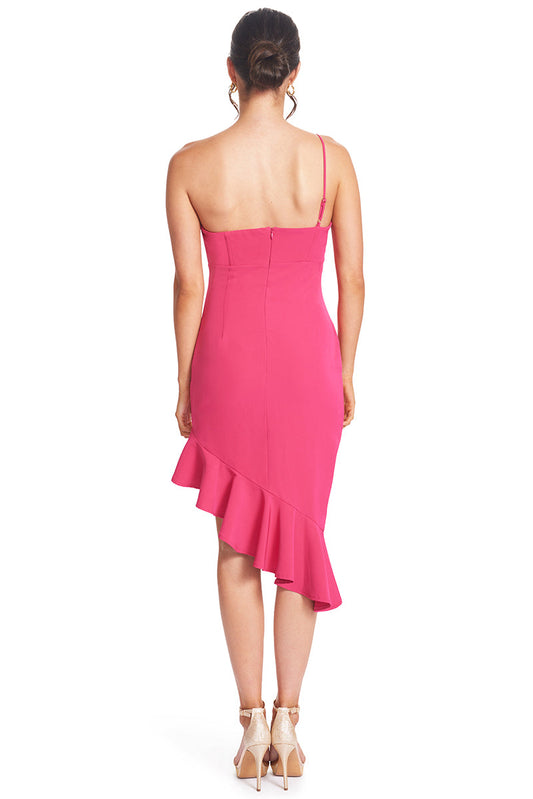 Vestido Rufflin' Round - Fuchsia Ruffle Hem Midi Asimétrico Cóctel