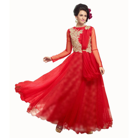 Traje largo de gala de tela de red rojo