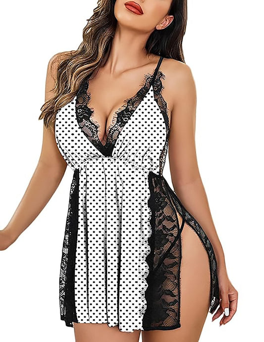 Pijama maxi de encaje de lunares para mujer (talla única) (Color-NEGRO&BLANCO)
