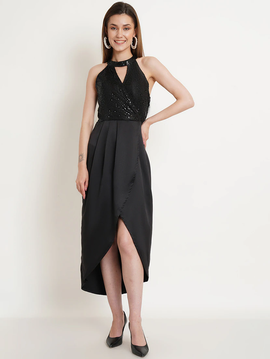 Vestido alto-bajo de largo hasta la rodilla para mujer (Talla-L) (Color-NEGRO)