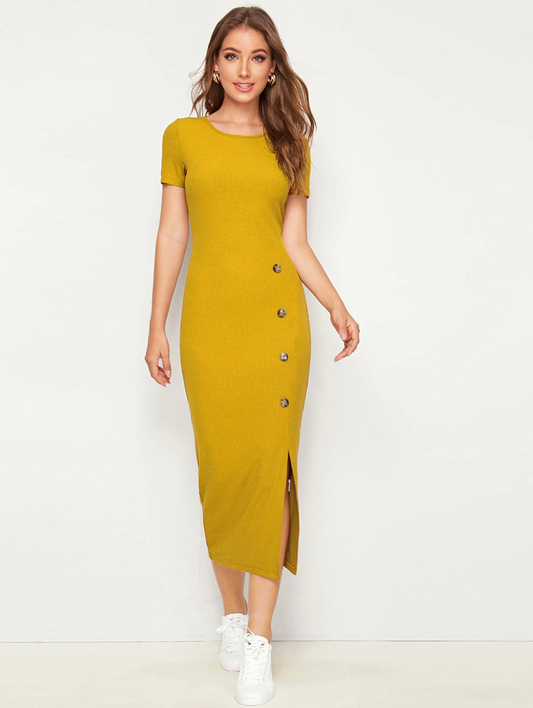 Vestido ceñido mostaza para mujer (Talla-S) (Color-MOSTAZA)