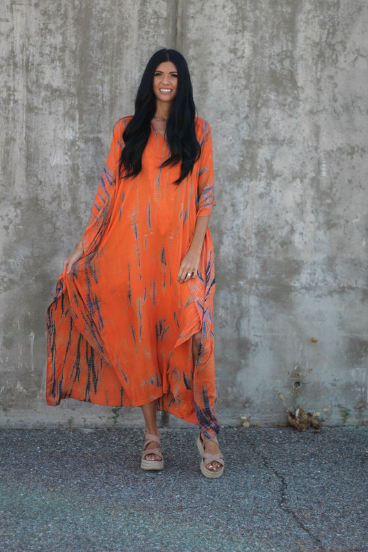 Vestido Kaftán Largo Naranja Teñido a Mano con Bolsillos – Ajuste Holgado,