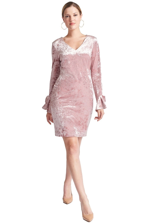 Vestido Kara - Vestido de terciopelo aplastado de manga larga con cuello en V adornado con campana